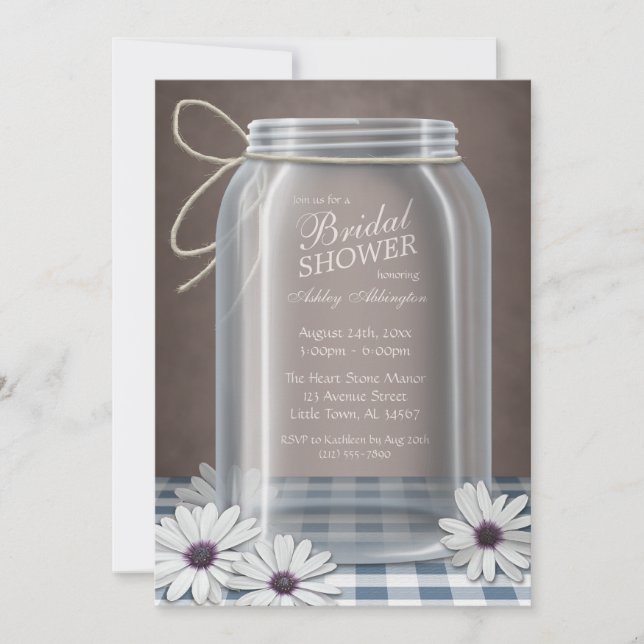 Invitación Country Mason Jar Blue Gingham Bridal Shower (Anverso)