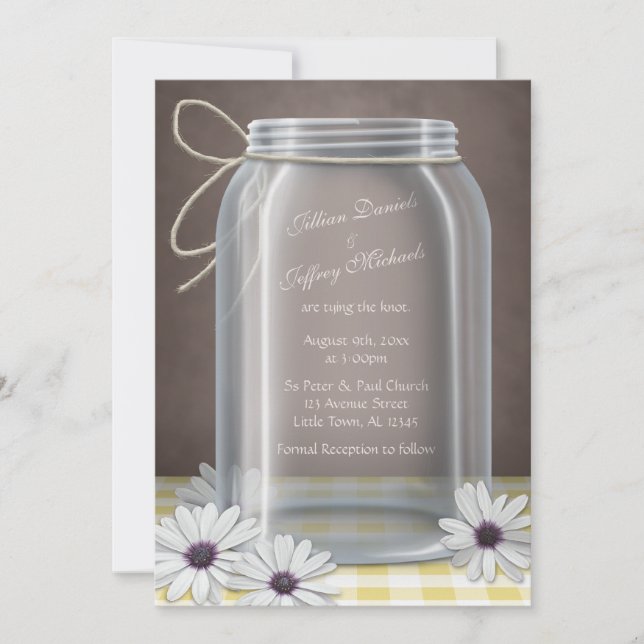 Invitación Country Mason Jar Daisy Boda marrón amarillo (Anverso)