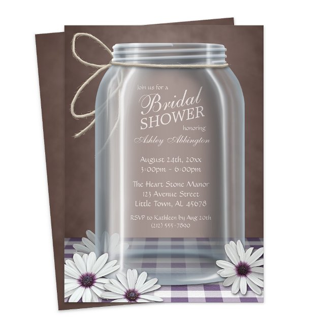 Invitación Country Mason Jar Purple Gingham Bridal Shower (Country Mason Jar Purple Gingham Bridal Shower Invitation from Starzraven. Downloadable evite, too.)
