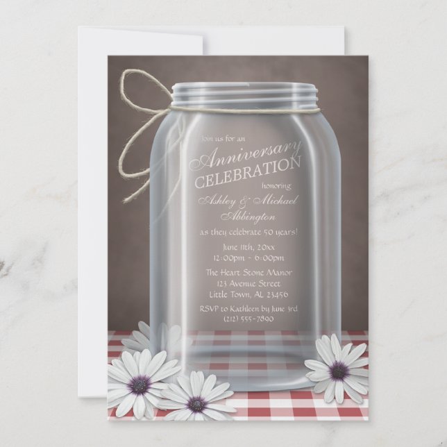 Invitación Country Mason Jar Red Gingham Aniversario (Anverso)