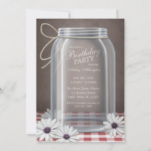 Invitación Country Mason Jar Red Gingham Birthday Party