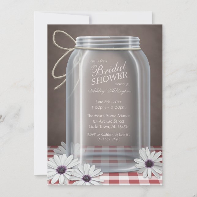 Invitación Country Mason Jar Red Gingham Bridal Shower (Anverso)