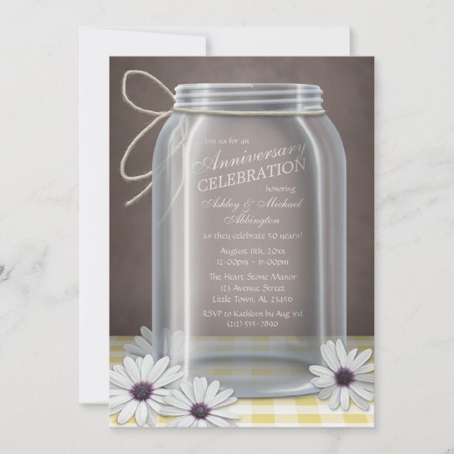 Invitación Country Mason Jar Yellow Gingham aniversario (Anverso)
