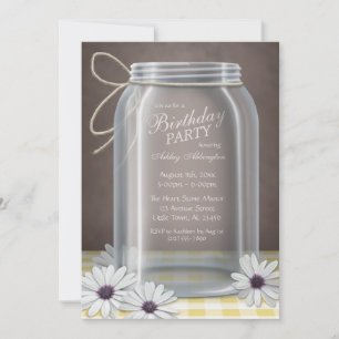 Invitación Country Mason Jar Yellow Gingham Birthday Party