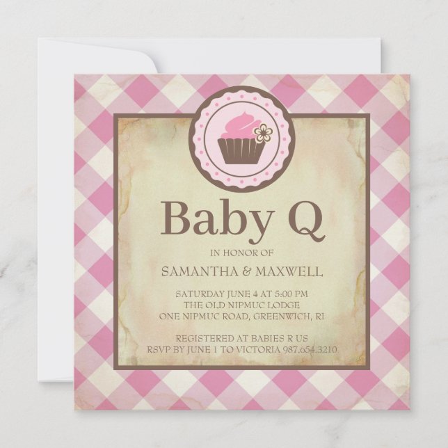 Invitación Country Pink Gingham and Cupakes Baby Q Picnic (Anverso)