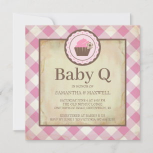 Invitación Country Pink Gingham and Cupakes Baby Q Picnic