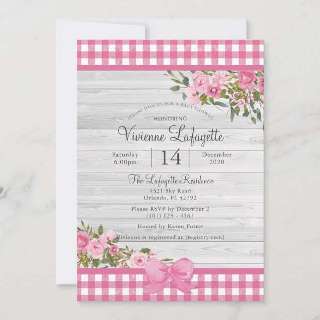 Invitación Country Pink Gingham Floral Baby Shower (Anverso)