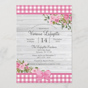 Invitación Country Pink Gingham Floral Baby Shower