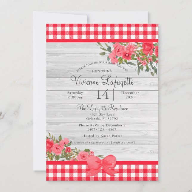 Invitación Country Red Gingham Floral Baby Shower (Anverso)