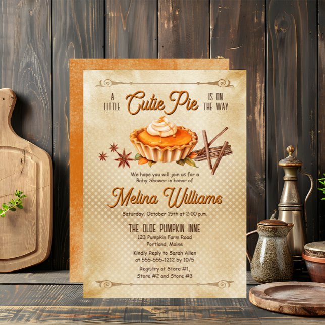 Invitación Country Rustic A Cutie Pie Baby Shower ("A Little Cutie Pie Is  On The Way" Rustic Country Pumpkin Pie Fall | Autumn Baby Shower Invitation)