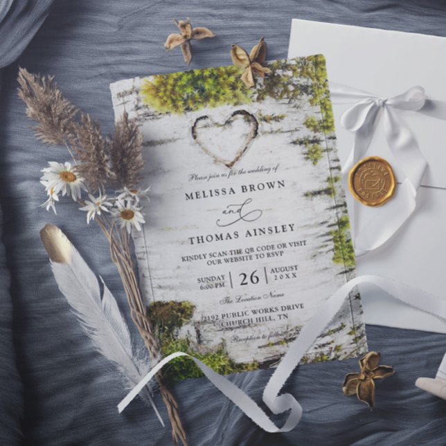 Invitación Country Rustic Birch Tree Bark QR Code Wedding (Subido por el creador)