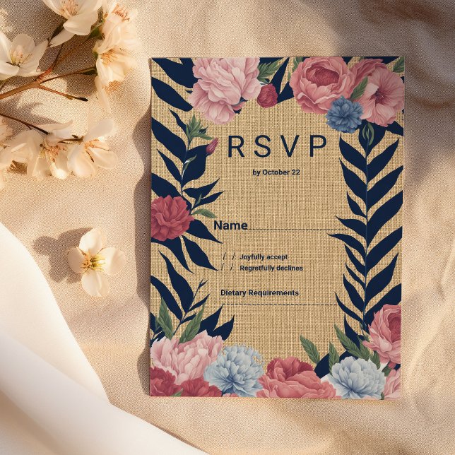 Invitación Country rustic ivory navy blue pink floral RSVP (Country rustic ivory navy blue pink floral RSVP)