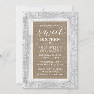 Invitación Country Rustic Wood Frame Burlap Sweet 16 Cumpleañ