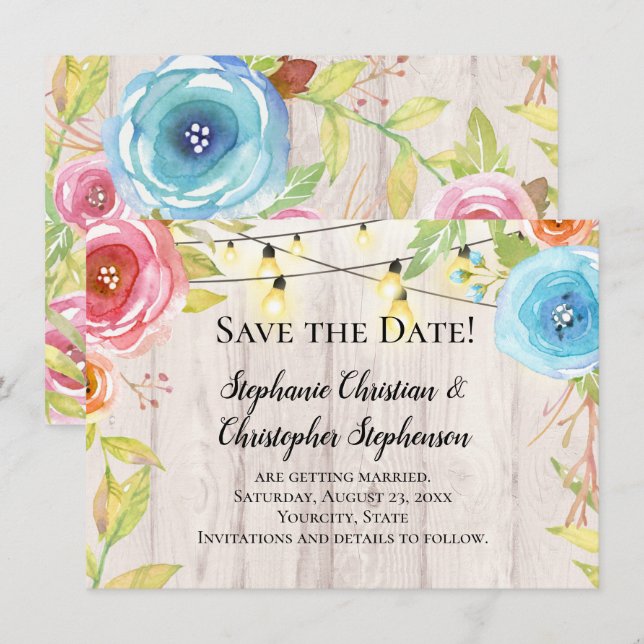 Invitación Country Rustic Wood String Light Save the Date (Anverso / Reverso)