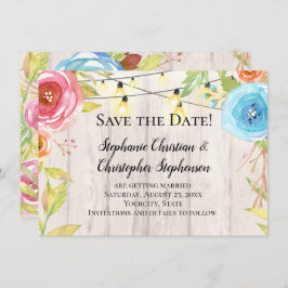 Invitación Country Rustic Wood String Light Save the Date