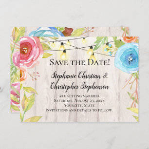 Invitación Country Rustic Wood String Light Save the Date