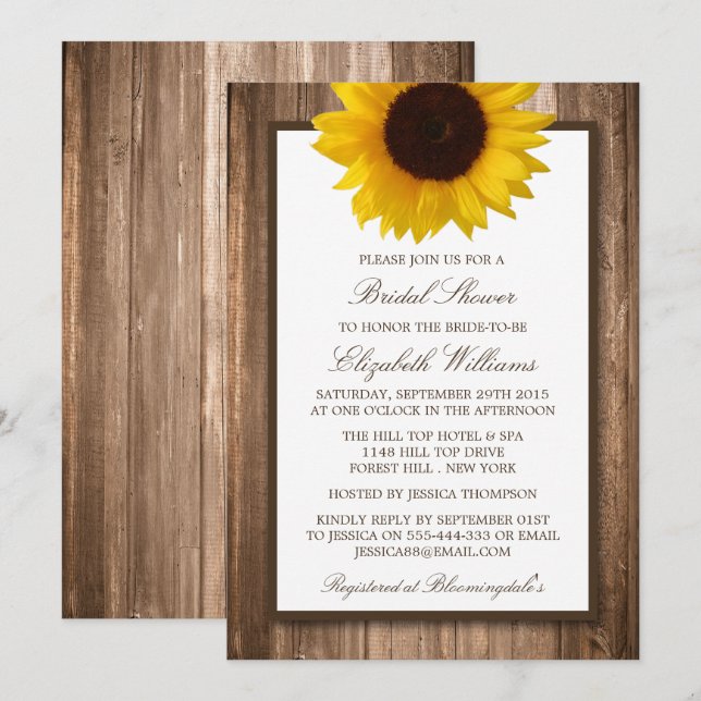 Invitación Country Rústico Sunflower Brown Wood Bridal Shower (Anverso / Reverso)