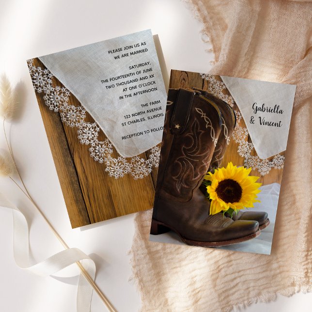 Invitación Country Sunflower and Lace Western Boda (Subido por el creador)