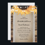 Invitación Country Sunflower Barn Wood String Lights Wedding<br><div class="desc">Sunflower wedding invitation featuring sunflowers,  string lights and a burlap and lace table runner against a rustic wood background.</div>
