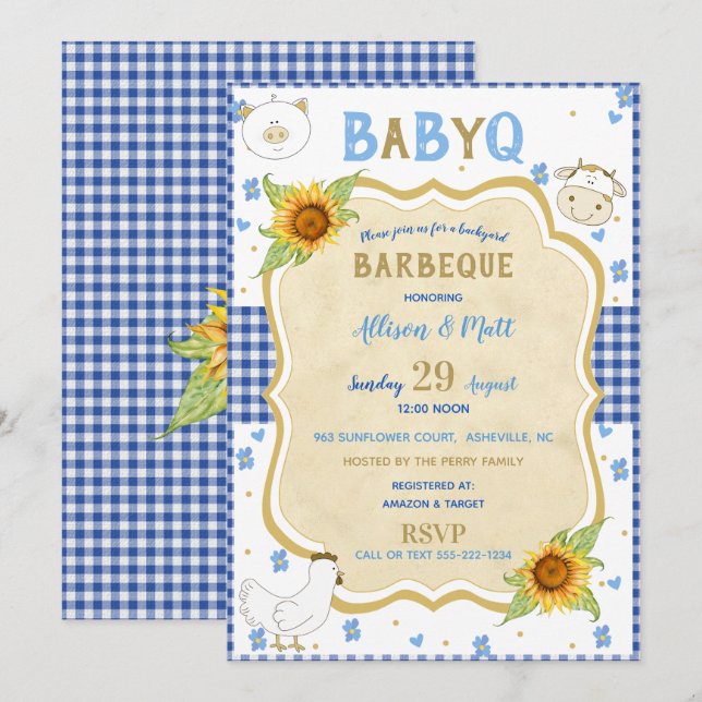 Invitación Country Sunflower Blue Gingham Baby Q Barbecue (Anverso / Reverso)