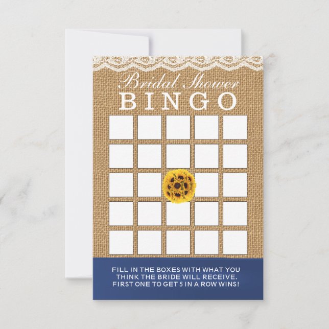 Invitación Country Sunflower Burlap Briower Shower Bingo Card (Anverso)