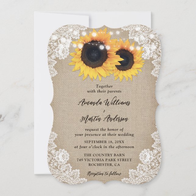 Invitación Country Sunflower Burlap Floral Lace Boda (Anverso)