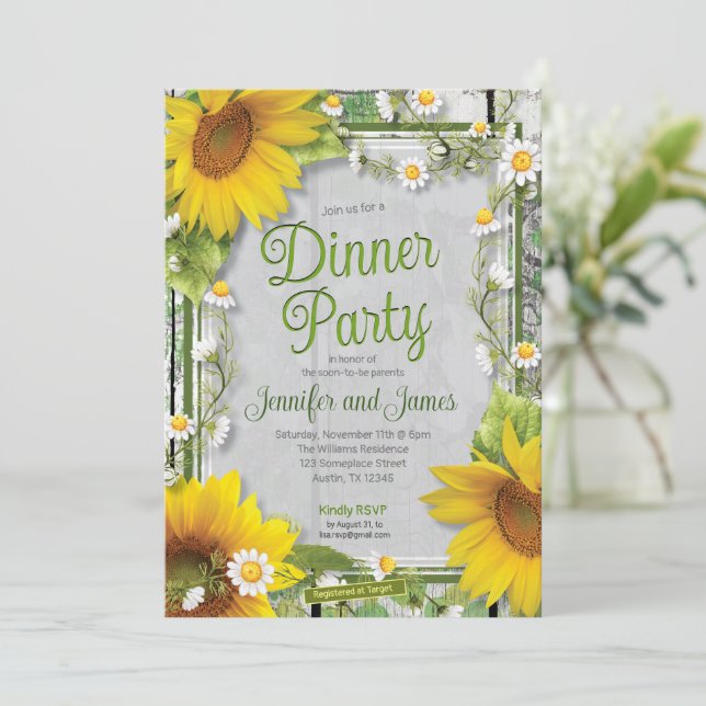 Invitación Country Sunflower Daisy Baby Shower Dinner Fiesta (Anverso de pie)