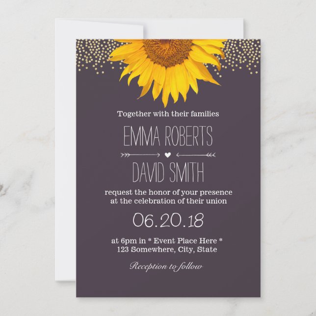 Invitación Country Sunflower Gold Dots Elegant Purple Boda (Anverso)