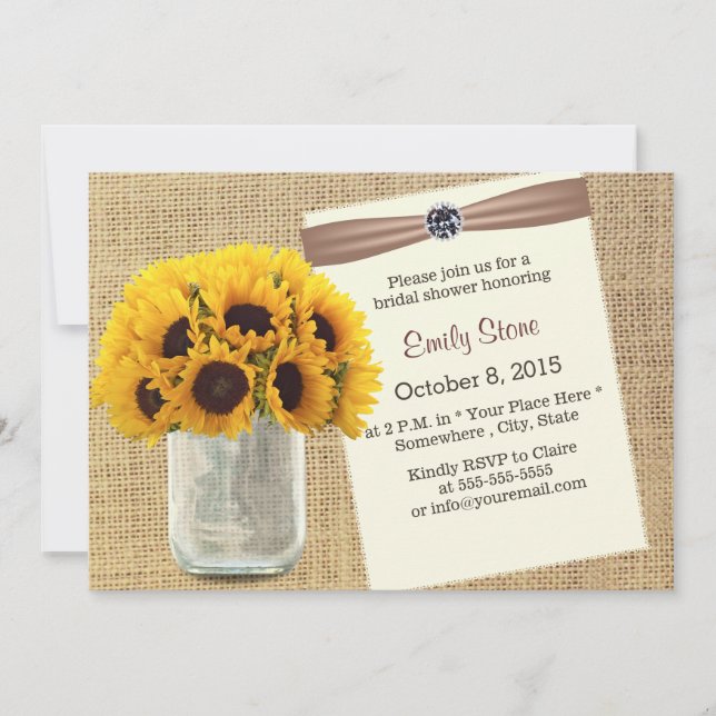 Invitación Country Sunflower & Mason Jar Burlap Bridal Shower (Anverso)