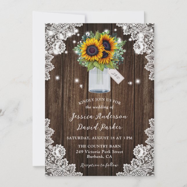 Invitación Country Sunflower Mason Jar Lace Wood Boda (Anverso)