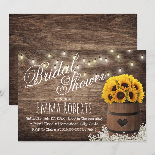 Invitación Country Sunflower & String Luces Brillantes Shower (Anverso / Reverso)