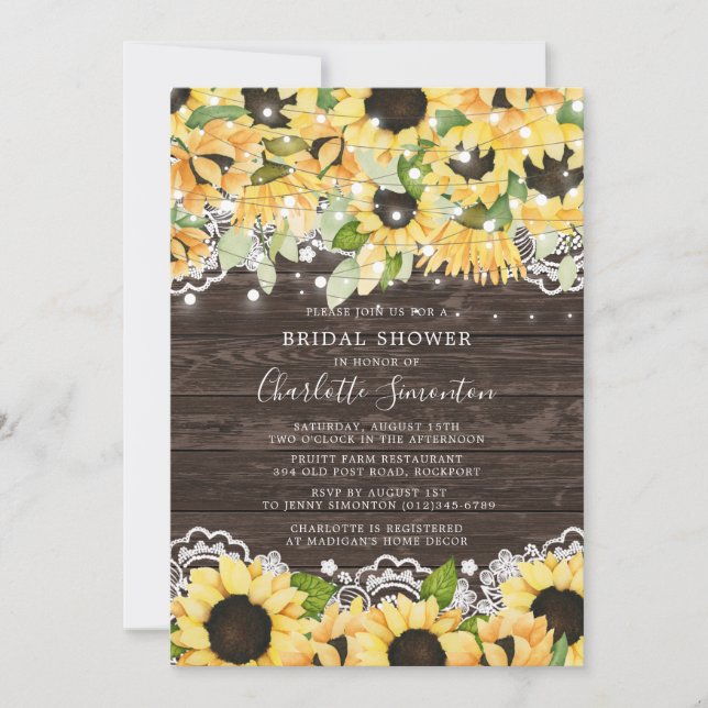 Invitación Country Sunflower String Luces Lace Bridal Shower (Anverso)