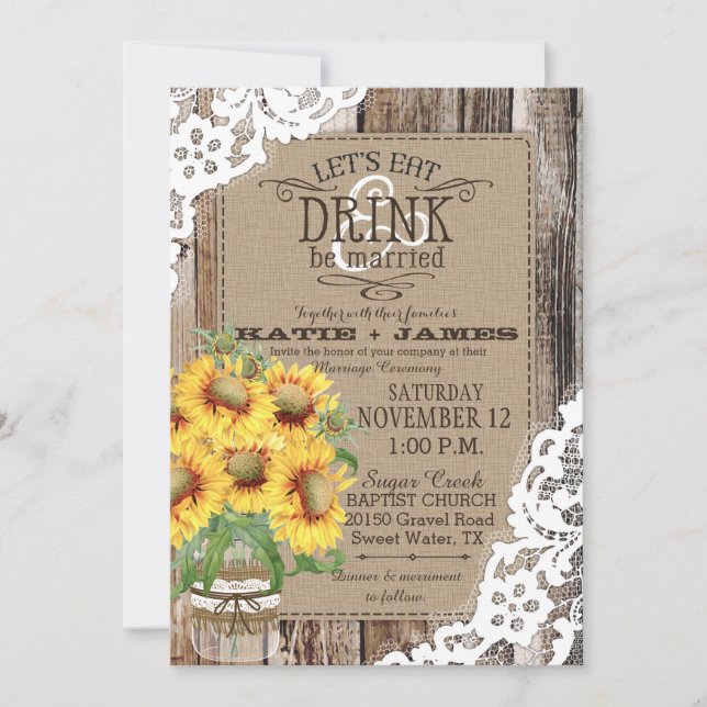 Invitación Country Sunflower Wood Lace Rustic Boda (Anverso)
