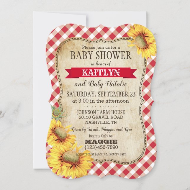 Invitación Country Sunflower y Gingham Check Baby Shower (Anverso)