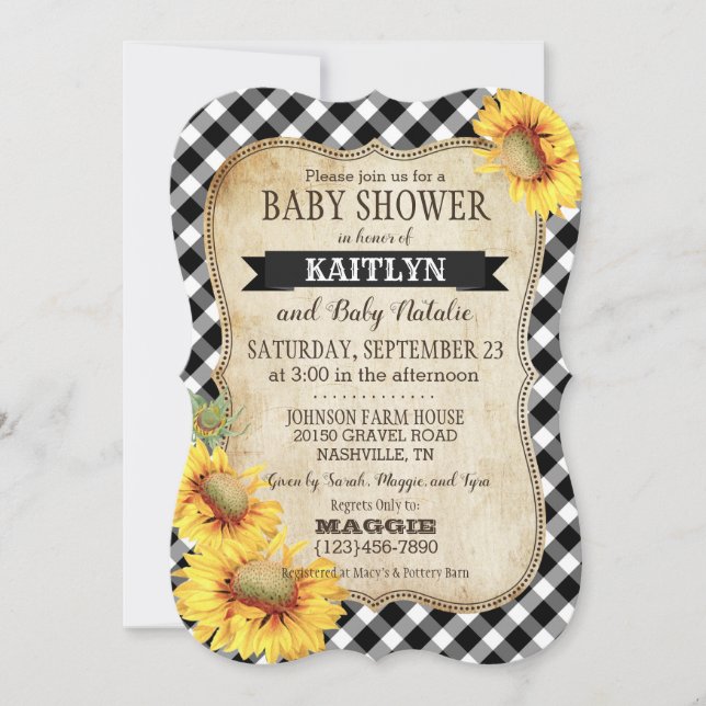 Invitación Country Sunflower y Gingham Check Baby Shower (Anverso)