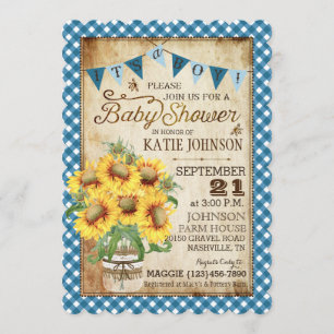 Invitación Country Sunflower y Gingham Check Baby Shower