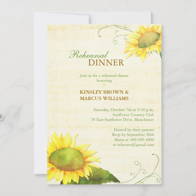 Invitación Country Sunflowers Boda Ensayo de cena (Anverso)