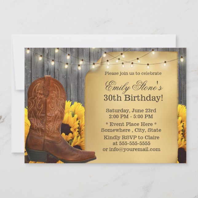 Invitación Country Sunflowers Cowgirl Barn Wood Cumpleaños (Anverso)