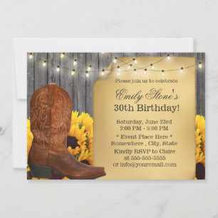 Invitación Country Sunflowers Cowgirl Barn Wood Cumpleaños