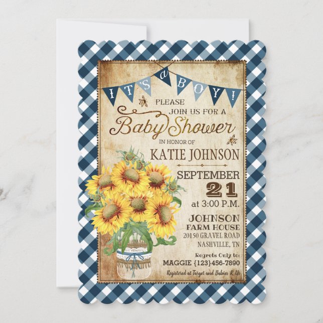 Invitación Country Sunflowers Gingham Check Boy Baby Shower (Anverso)