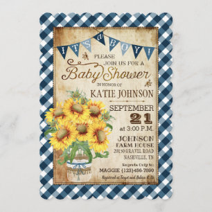 Invitación Country Sunflowers Gingham Check Boy Baby Shower