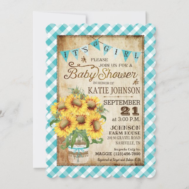 Invitación Country Sunflowers Gingham Check Chica Baby Shower (Anverso)