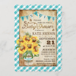 Invitación Country Sunflowers Gingham Check Chica Baby Shower