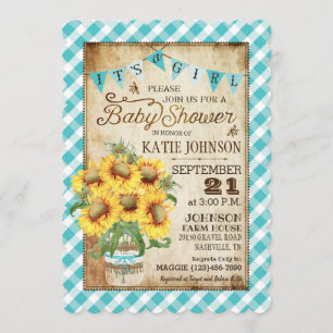 Invitación Country Sunflowers Gingham Check Chica Baby Shower