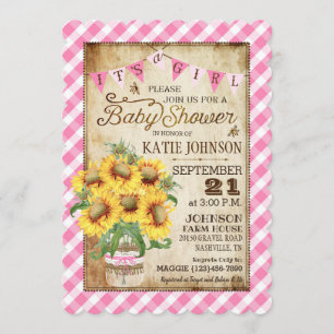 Invitación Country Sunflowers Gingham Check Chica Baby Shower