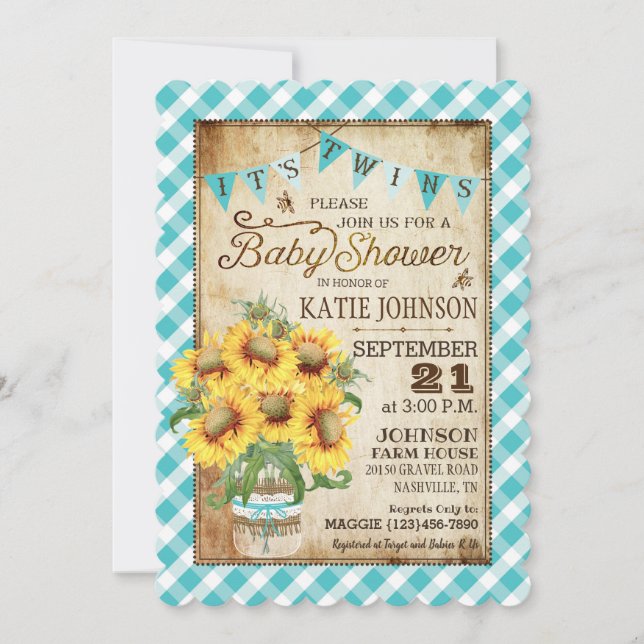 Invitación Country Sunflowers Gingham Check Twins Baby Shower (Anverso)