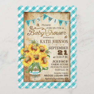 Invitación Country Sunflowers Gingham Check Twins Baby Shower