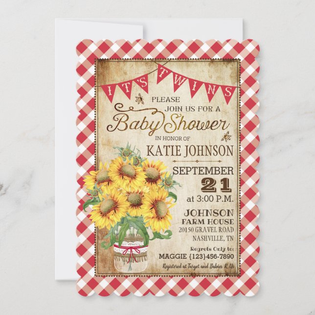 Invitación Country Sunflowers Gingham Check Twins Baby Shower (Anverso)