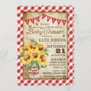 Invitación Country Sunflowers Gingham Check Twins Baby Shower