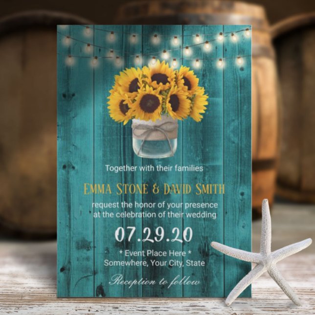 Invitación Country Sunflowers Jar Rustic Verde azulada Barn B (Subido por el creador)